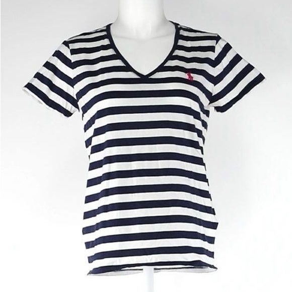EUC Women’s Size Small Ralph Lauren Stripe V-neck Tee With Logo Embroidered - Picture 1 of 10